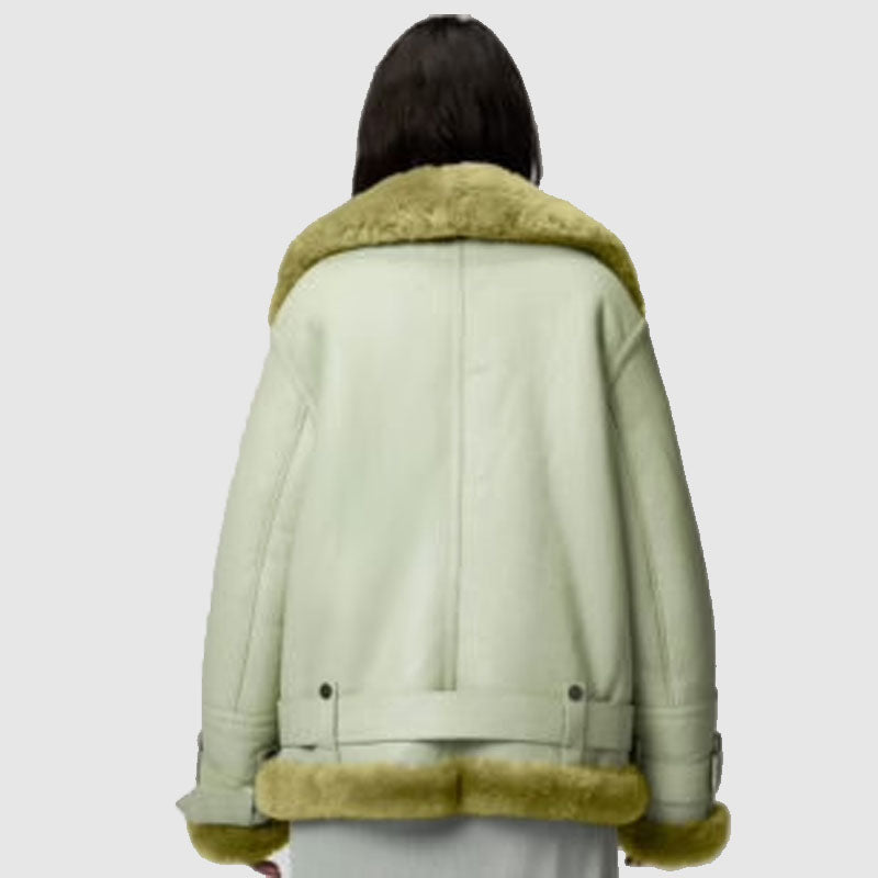 Buy New Women Style Light Green Aviator Styled Sheepskin Shearling Leather Jacket For Sale  With Free Shipping All over World