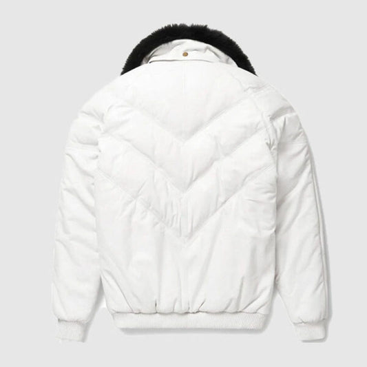Purchase White Leather Winter V- Bomber Jacket For Sale