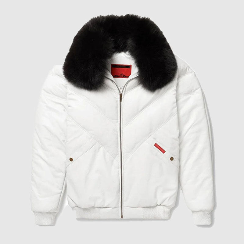 Buy White Leather V-Bomber Jacket For Sale