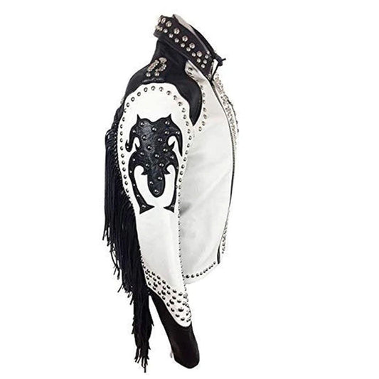 Purchase White  And Black Studded Mens Punk Leather Jacket For Sale