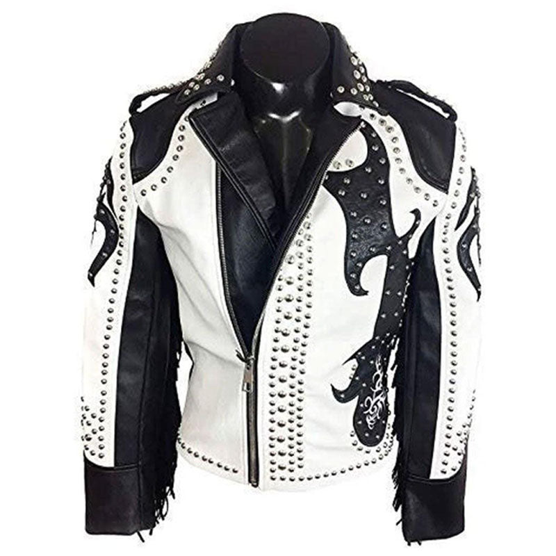 Purchase White Studded Mens Punk Leather Jacket For Sale