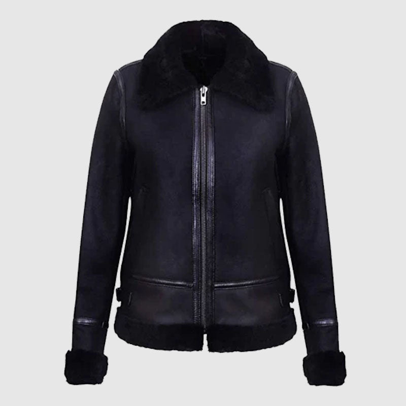 Womwn Best Style Fashion Black Aviator Shearling Genuine Sheepskin Leather Jacket For Sale