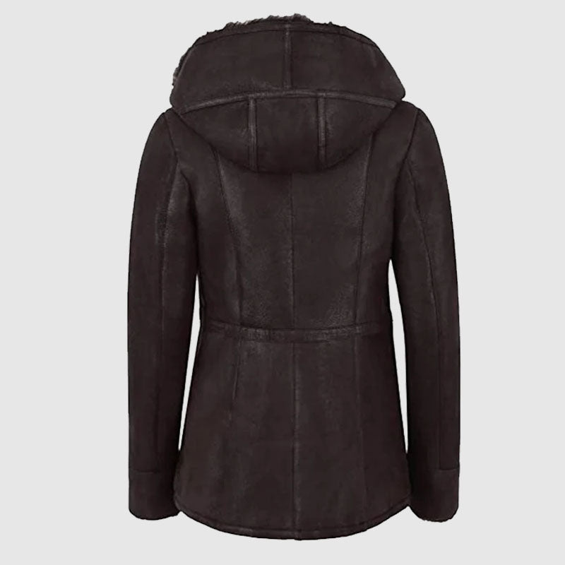 Buy New Style Womens Hodded Leather Shearling Coat For Winter Season 
