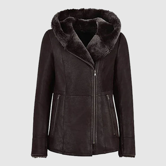 Buy New Style Womens Hodded Leather Shearling Coat For Winter Season 