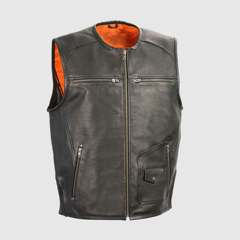 Extraordinary Leather Zipper Front Vest With Side Stretch Flex Biker Vest
