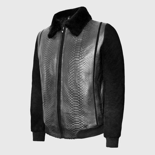 Genuine Best Style Black Suede & Full Body Python Leather Flight Jacket For Sale