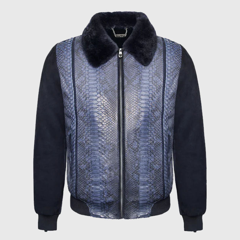 Genuine Best Style Blue Suede & Full Body Python Leather Flight Jacket For Sale