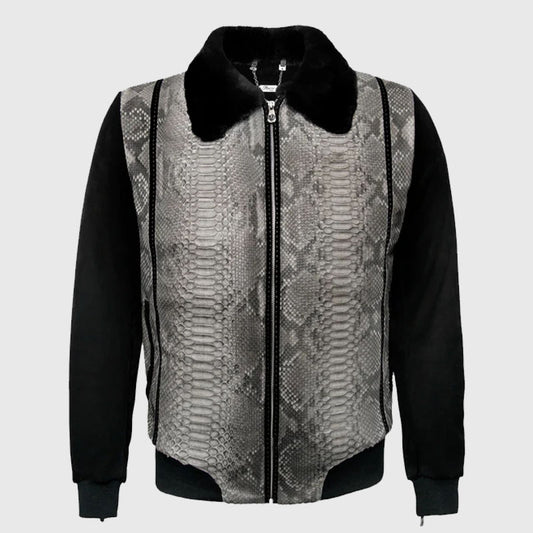Genuine Best Style Gray Suede & Full Body Python Leather Flight Jacket For Sale
