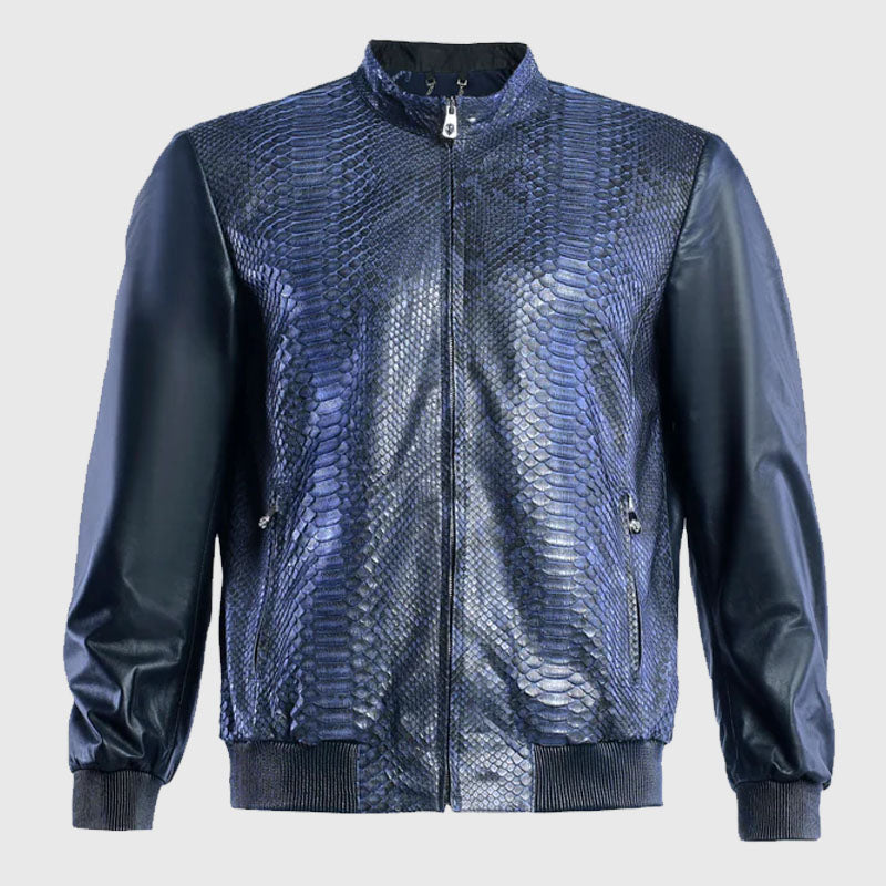 Genuine High Quality Blue Python Leather And Napa Leather Blouson Jacket For Sale