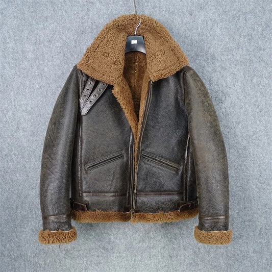 Shop Best Genuine Shearling Dark Brown Sheepskin Leather Coat Men Military Style Jacket For Sale