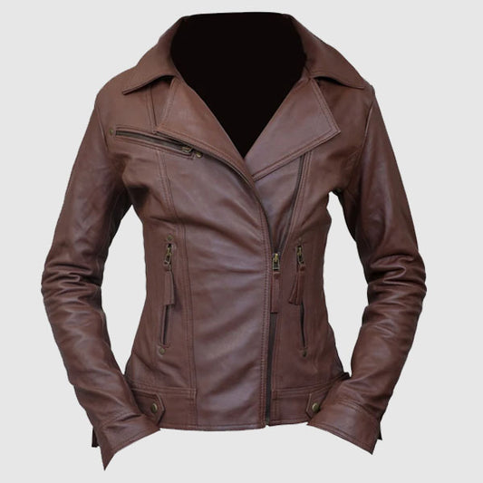 women brown leather fashion jacket online shop
