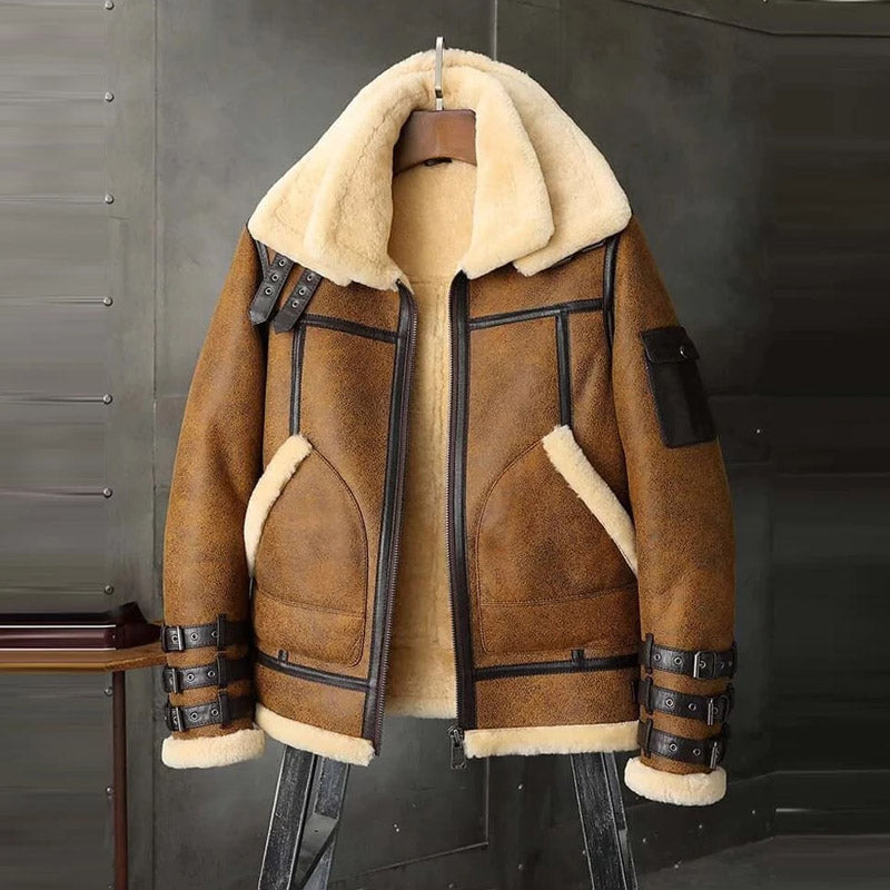 Men B3 RAF Aviator Brown Double Collar Flight Shearling Leather Jacket Coat For Christmas Sale
