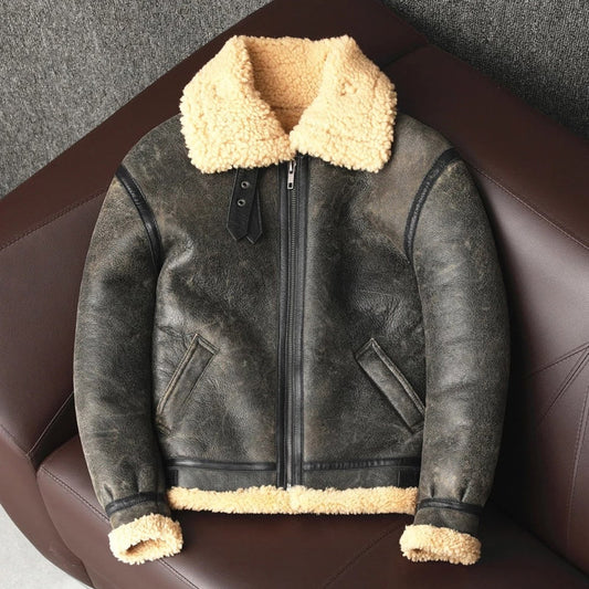 Men Sheepskin Genuine Leather Jacket Winter Warm Shearling Wool Fur Coat For Christmas Sale