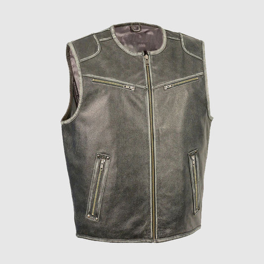 Men Vintage Distressed Zipper Front Leather Vest For Sale