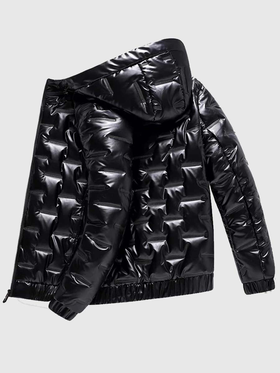 Buy Best Style Men Zip Up Drawstring Hooded Winter Black Leather Puffer Coat Without Top For Sale
