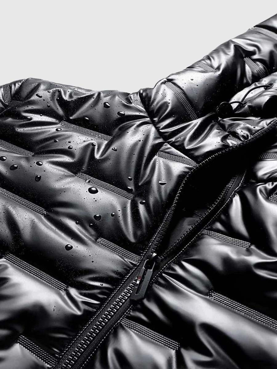 Buy Best Style Men Zip Up Drawstring Hooded Winter Black Leather Puffer Coat Without Top For Sale