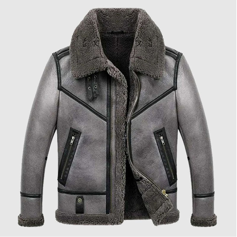 Men's B3 Bomber Aviator WWII Pilot Real Sheepskin Shearling Silver Leather Jacket For Christmas Sale