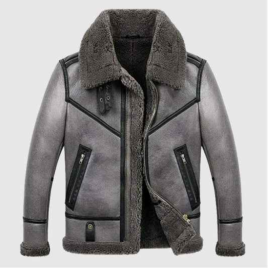 Men's B3 Bomber Aviator WWII Pilot Real Sheepskin Shearling Silver Leather Jacket For Christmas Sale