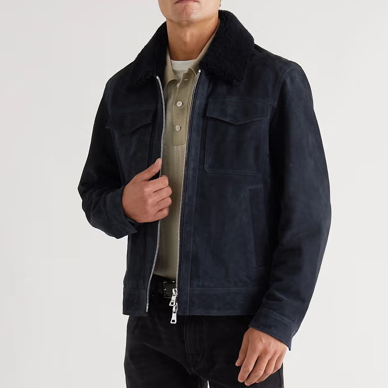 Men's Best Style Shearling-Trimmed Suede Trucker Leather Jacket For New Year Sale