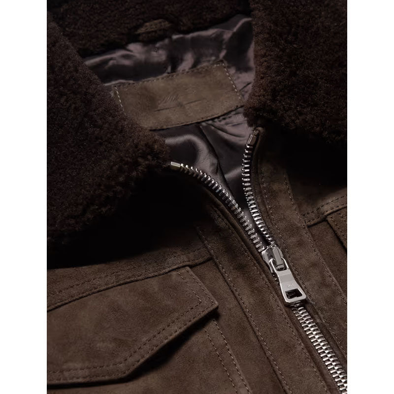 Men's Best Winter Shearling Trimmed Suede Trucker Dark Brown Leather Jacket For Christmas Sale