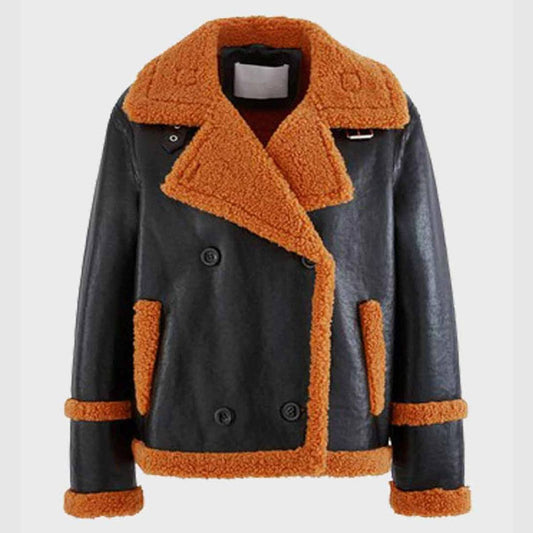 Men's Buy Best Genuine Brown Shearling Sheepskin Leather Black Jacket For Christmas Sale