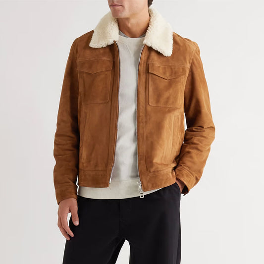 Men's Buy Best Winter Shearling Trimmed Suede Trucker Leather Jacket For Christmas Sale