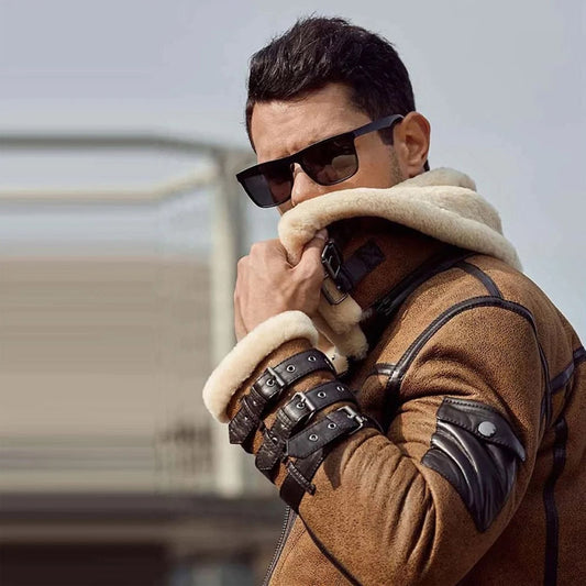 Men’s Shearling Leather B3 Aviator Coat with Double Collar