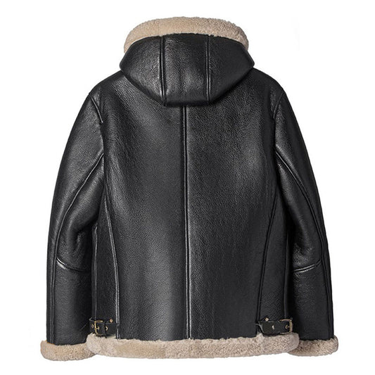 Mens Best Winter Black Sheepskin Shearling Bomber Jacket With Hood For Christmas Sale