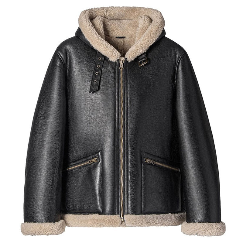 Mens Best Winter Black Sheepskin Shearling Bomber Jacket With Hood For Christmas Sale
