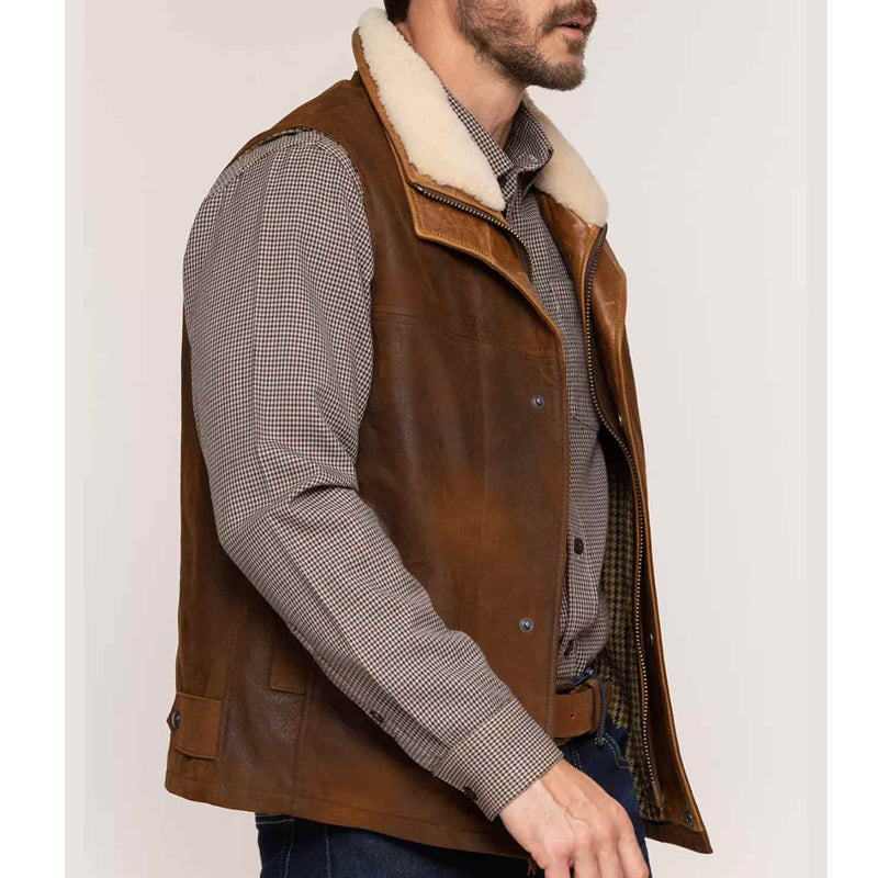 Purchase Best Winter Brown Leather Warm Vest Removable Shearling Collar For Sale