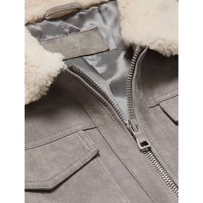 Mens Genuine Best Shearling-Trimmed Suede Trucker Gray Leather Jacket For Christmas Sale