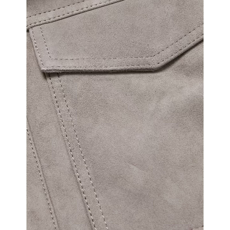 Mens Genuine Best Shearling-Trimmed Suede Trucker Gray Leather Jacket For Christmas Sale