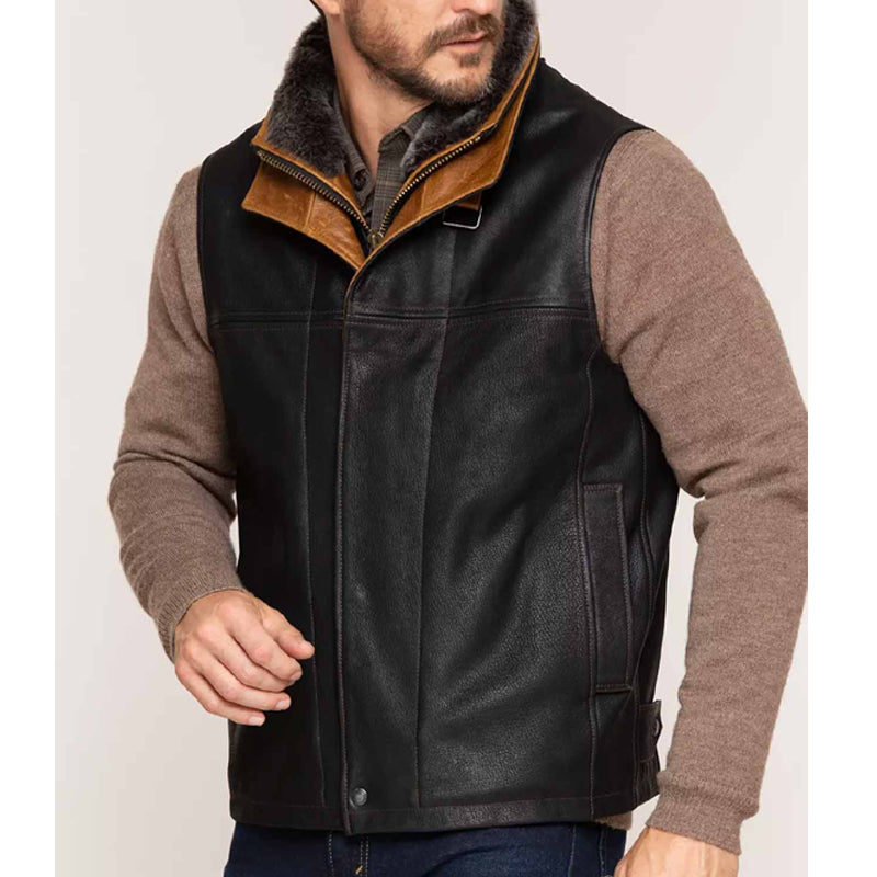 Shop Best Hot Winter Black Leather Vest Removable Shearling Collar For Sale