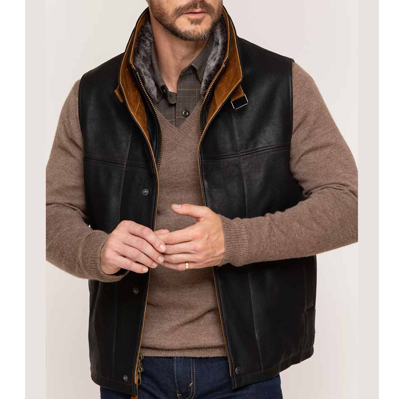 Buy Best Hot Winter Black Leather Vest Removable Shearling Collar For Sale