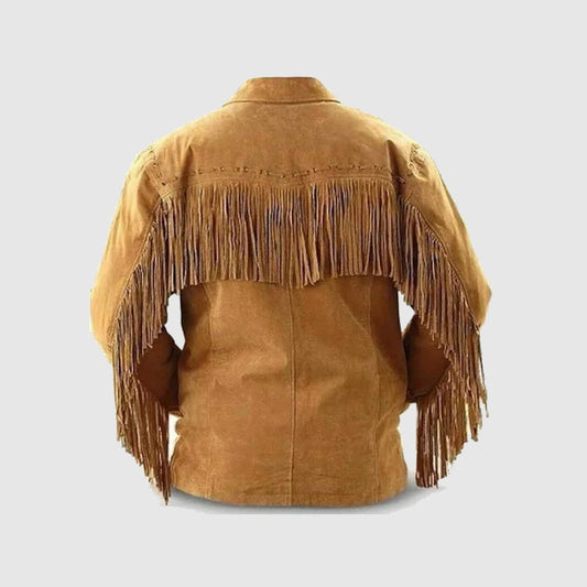 Mens Leather Western Jacket with Fringe Cowboy Style Suede Leather Jacket Brown