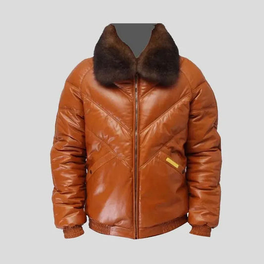 buy mens brown puffer leather jacket 