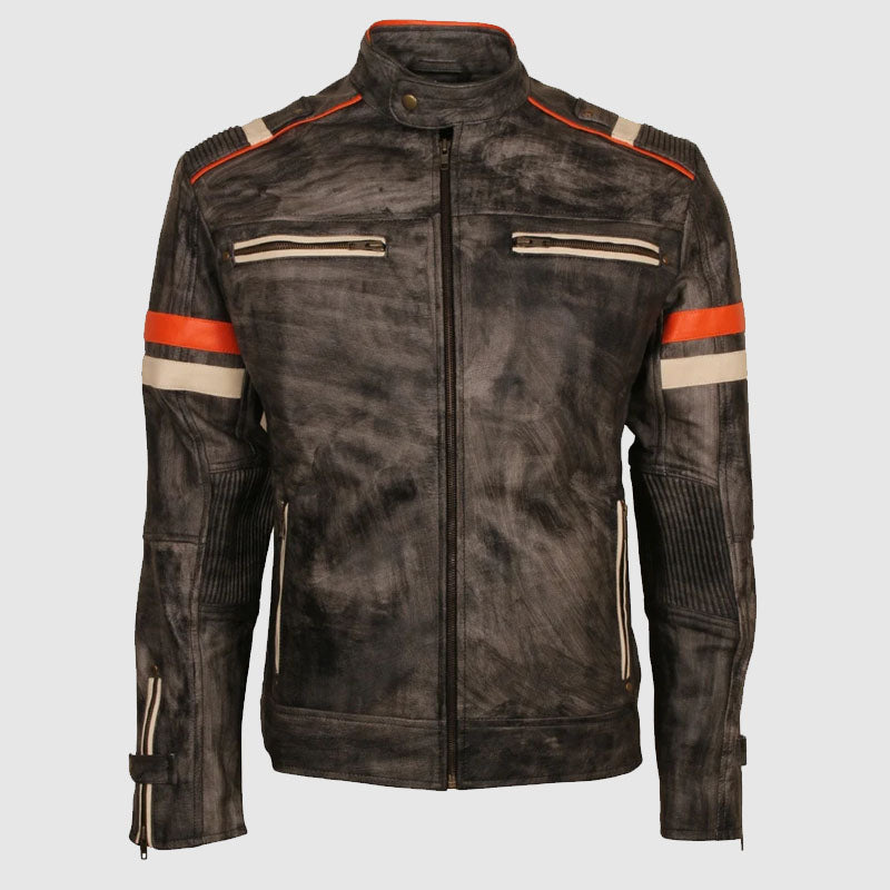 Mens Vintage Real Leather Distressed Motorcycle Jacket, Black Genuine Leather Cafe Racer Biker Jacket