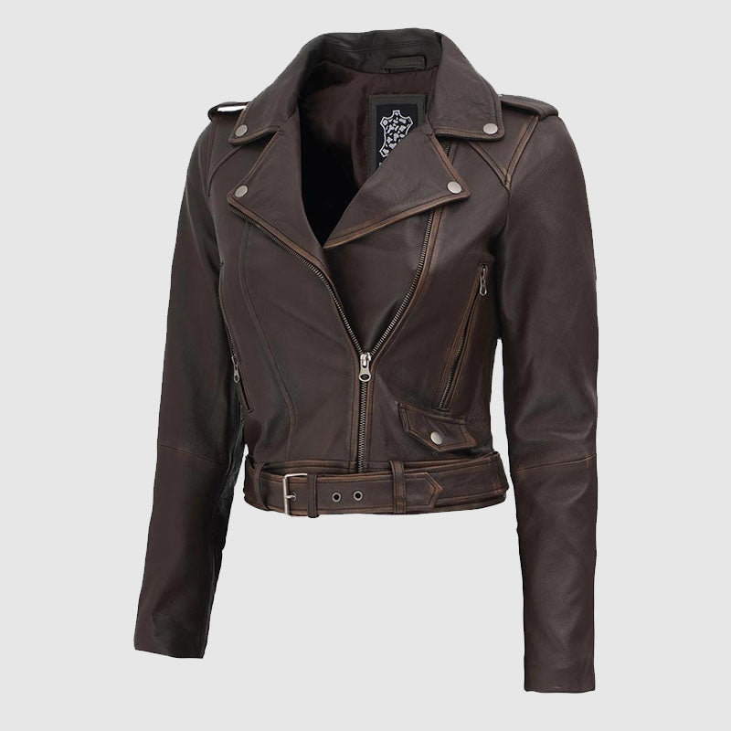 buy online brown women leather jacket 