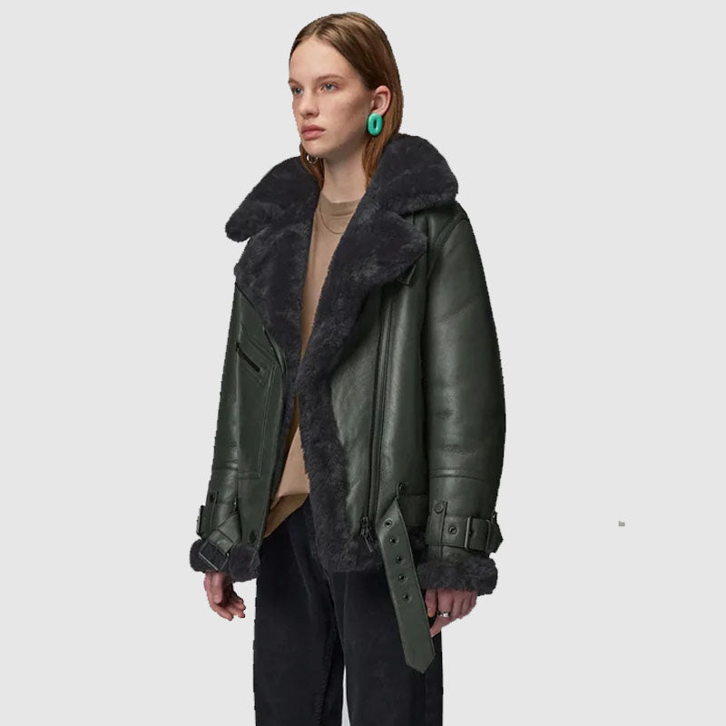 New 2022 Style Women Green RAF Aviator Styled Lambskin Women Sheepskin Leather Jackets For Sale