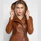 New Look For Women Style Cindra Brown Hooded Asymmetrical Zip Leather Jacket For New Year Sale