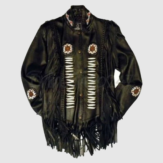 New Mens Native America Black Cowboy Western Leather Jacket Fringes