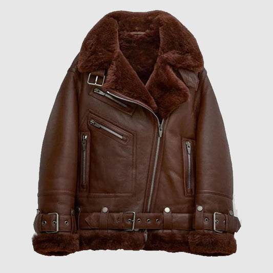 New Style 2022 Women Brown Aviator Styled Sheepskin Shearling Leather Jacket Available In Cheap Prices