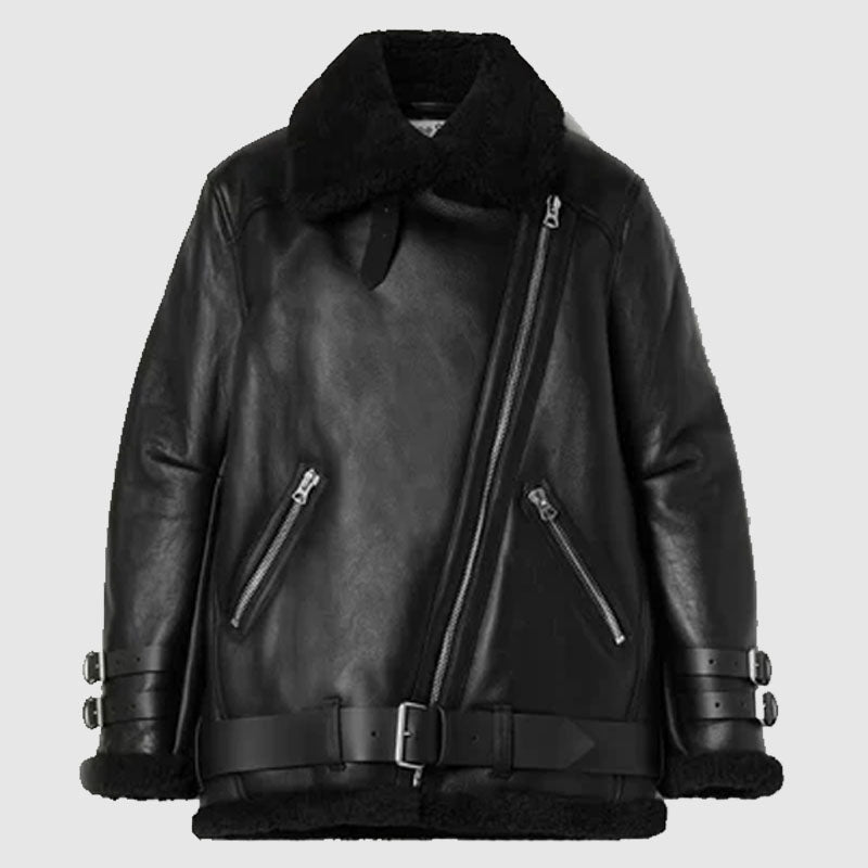 New Style Black RAF B3 Trimmed Sheepskin Shearling Leather Biker Jacket For Sale