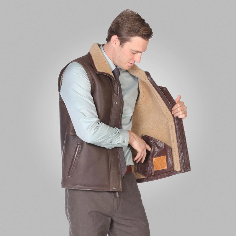 Shop New Style Mens Brown Leather Shearling Vest For Sale