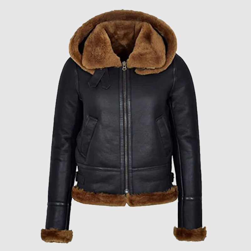 Buy Best Style Women Black Hooded Leather Flying Shearling And Sheepskin Jacket