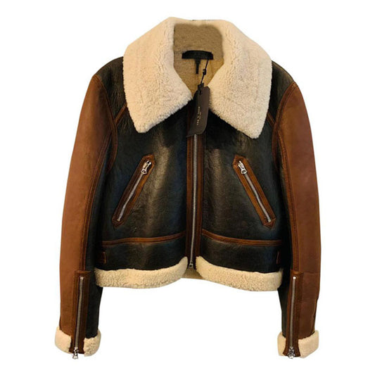 Purchase Best Genuine Style Brown Cropped Aviator Shearling Leather Jacket For Sale New Year 