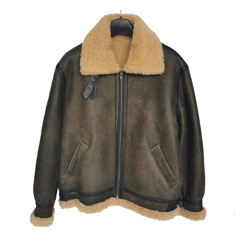 Purchase Best Winter Thick Brown Cracking Leather Shearling Coat Men For Christmas Sale