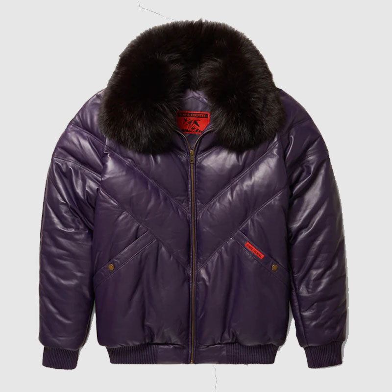 Shop Purple V- Bomber Leather Jacket Black Fox Fur Collar 
