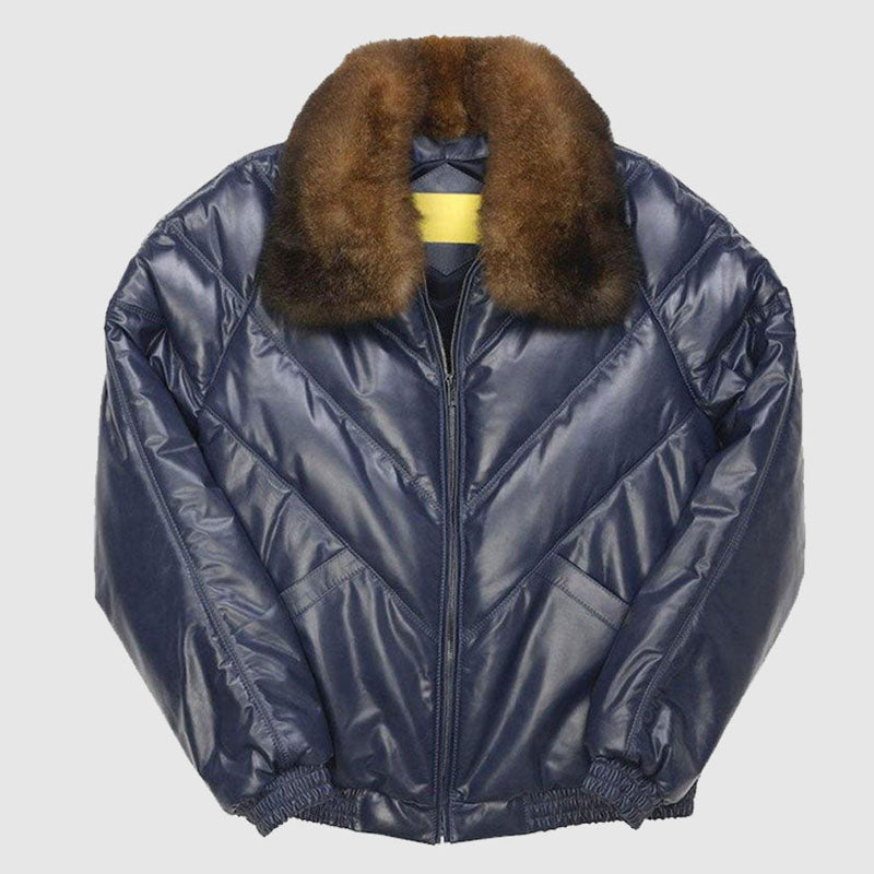 Fox Collar V-Bomber Leather Jacket For Sale 