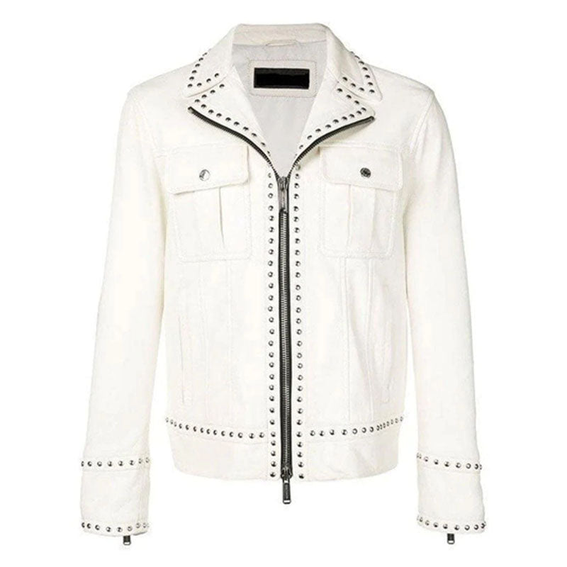 Shop White Leather Jacket Punk Studded For Sale 